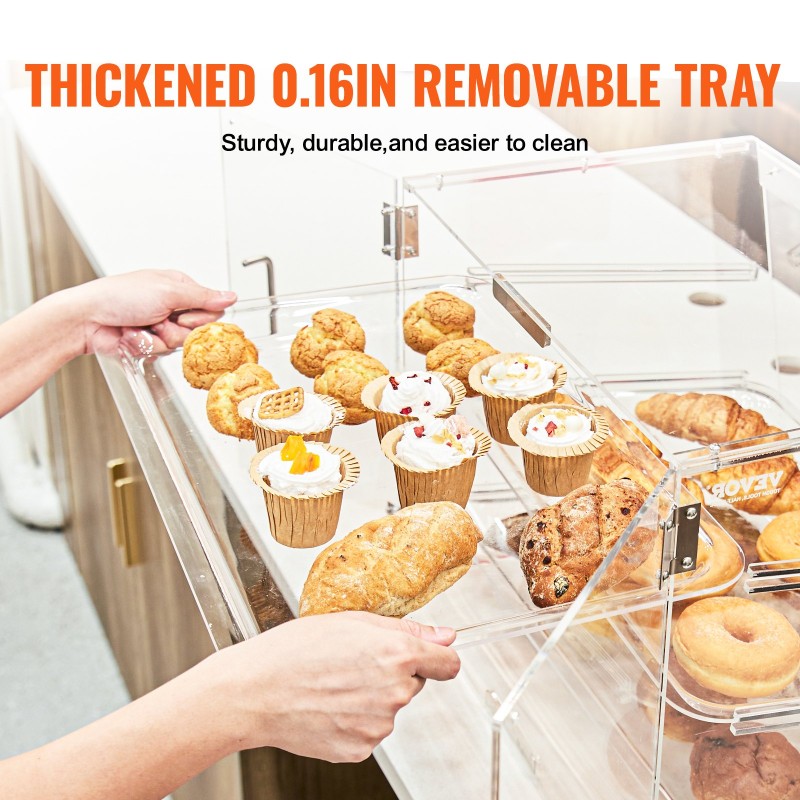 Kolmitasoinen akryylinen pöytämallinen leivonnaiskaappi irrotettavilla tarjottimilla takaovella