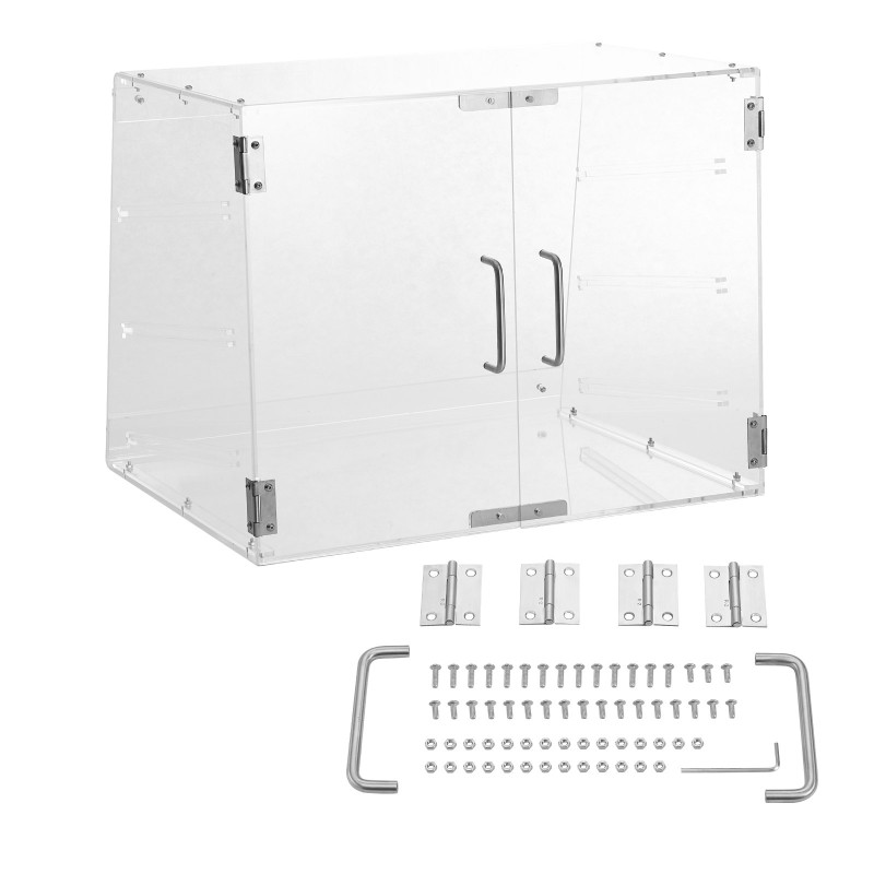 Kolmitasoinen akryylinen pöytämallinen leivonnaiskaappi irrotettavilla tarjottimilla takaovella