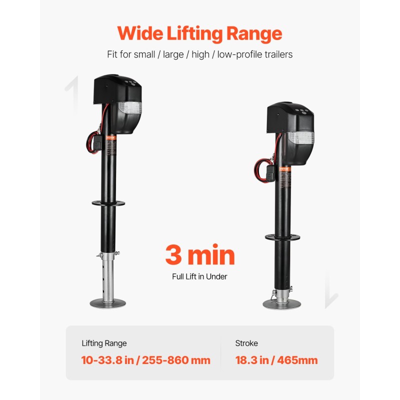 Sähköinen perävaunutunkki hiiliteräs 2267 kg kantavuus 255–860 mm nostoalue 12 V moottori