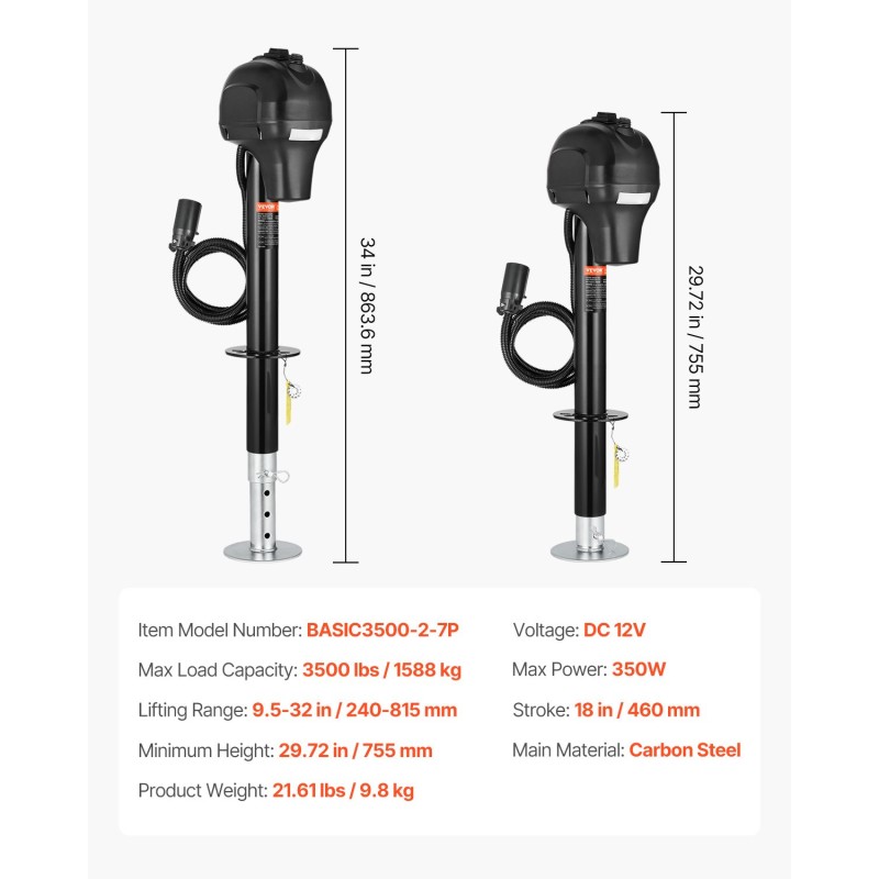 Sähköinen perävaunutunkki hiiliteräs 1588 kg 12 V 240–815 mm 7 napainen liitin