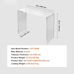 Akryylinen U-muotoinen konsolipöytä läpinäkyvä 20 mm paksu 964x381x740 mm