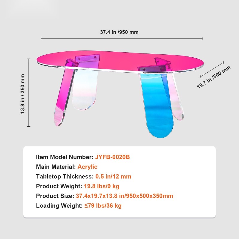 Akryylinen värikäs sivupöytä 95x50x35 cm 12 millimetriä paksu