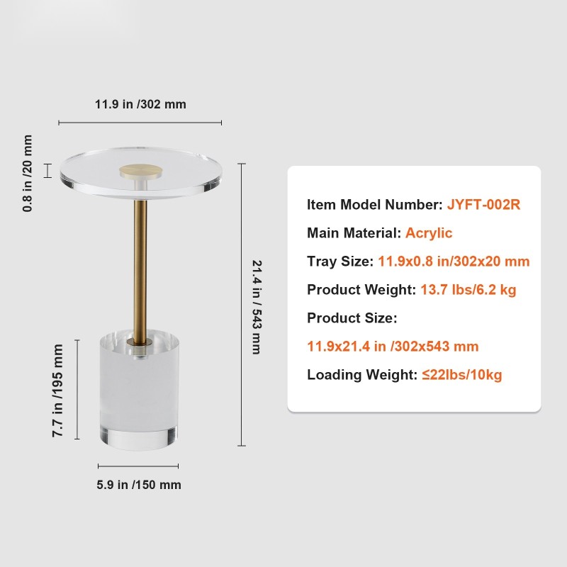 Pääty ja sivupöytä läpinäkyvästä akryylistä 302 mm pyöreällä levyllä korkeus 543 mm