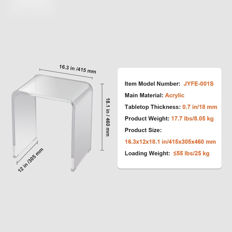Akryylinen U mallinen läpinäkyvä sivupöytä 415x305x460 mm 18 mm