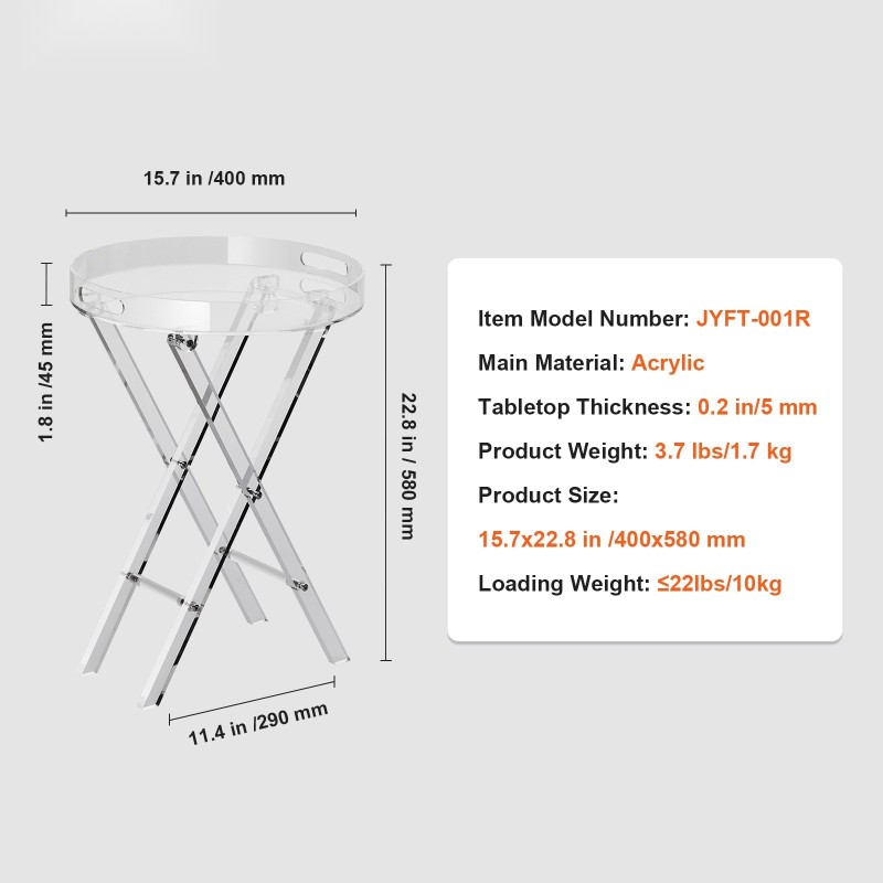Akryylinen taitettava tarjotinpöytä läpinäkyvä 5 mm pöytälevy X-muotoiset jalat