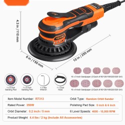 Epäkeskohiomakone 5- ja 6-tuumainen 350 watin harjaton 6 nopeustasoa 20 hiomapaperia pölynpoistoliitännällä