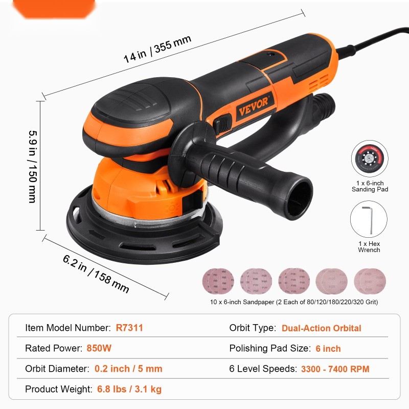 Epäkeskohiomakone 6 tuumaa 850W 6 nopeustasoa 5 mm epäkeskoliike pölynpoistoliitäntä