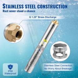 Uppopumppu syväkaivoon ruostumatonta terästä 750W 105 l/min 62 m nostokorkeus