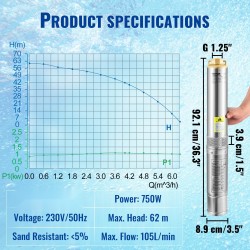 Uppopumppu syväkaivoon ruostumatonta terästä 750W 105 l/min 62 m nostokorkeus
