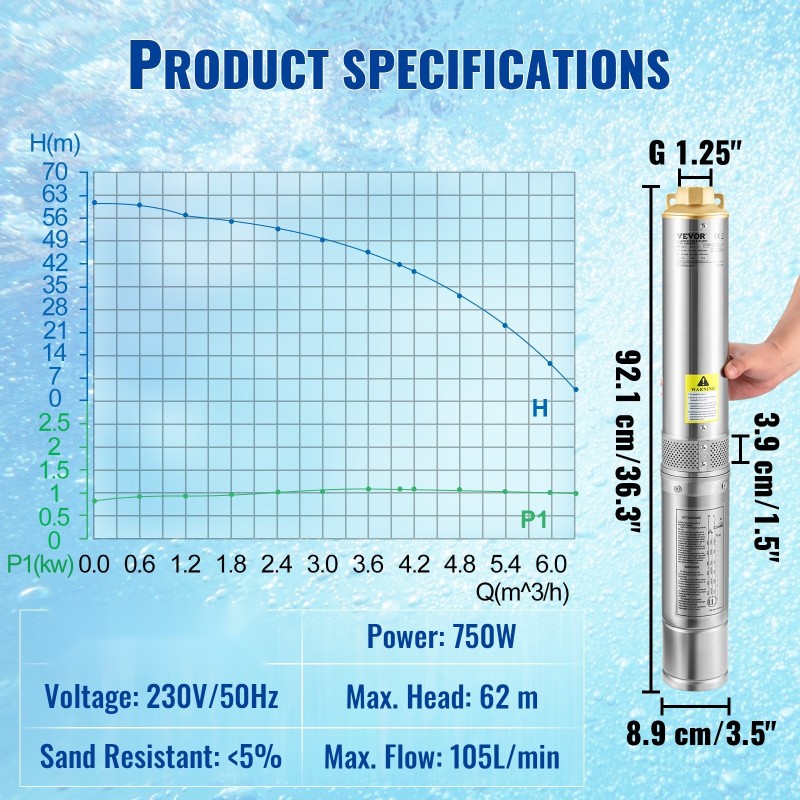 Uppopumppu syväkaivoon ruostumatonta terästä 750W 105 l/min 62 m nostokorkeus