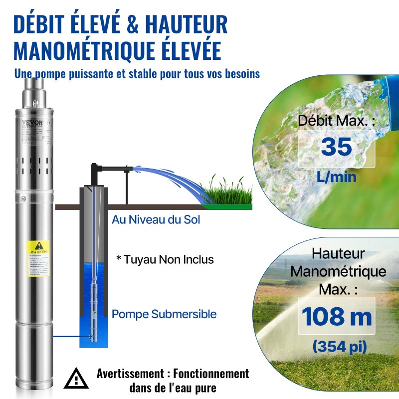 Syvän kaivon uppopumppu ruostumaton teräs 7,6 cm 550 W 35 l/min