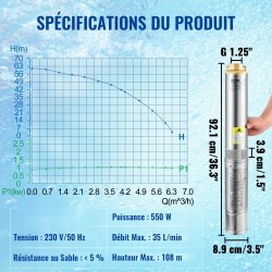 Syvän kaivon uppopumppu ruostumaton teräs 7,6 cm 550 W 35 l/min