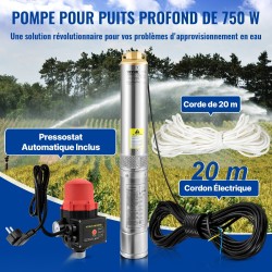 Uppopumppu ruostumatonta terästä 750W 105 l/min 62 m 20 m johto