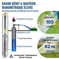 Uppopumppu ruostumatonta terästä 750W 105 l/min 62 m 20 m johto