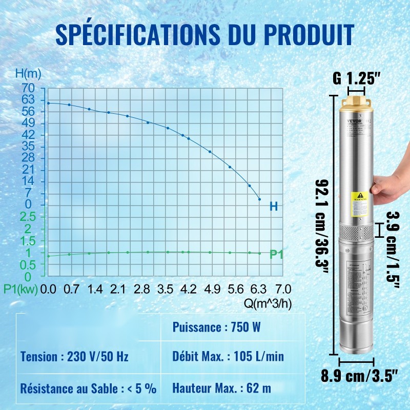 Uppopumppu ruostumatonta terästä 750W 105 l/min 62 m 20 m johto