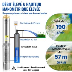 Upotettava syväkaivopumppu 1100W ruostumaton teräs 190 l/min virtaus 57 m nostokorkeus