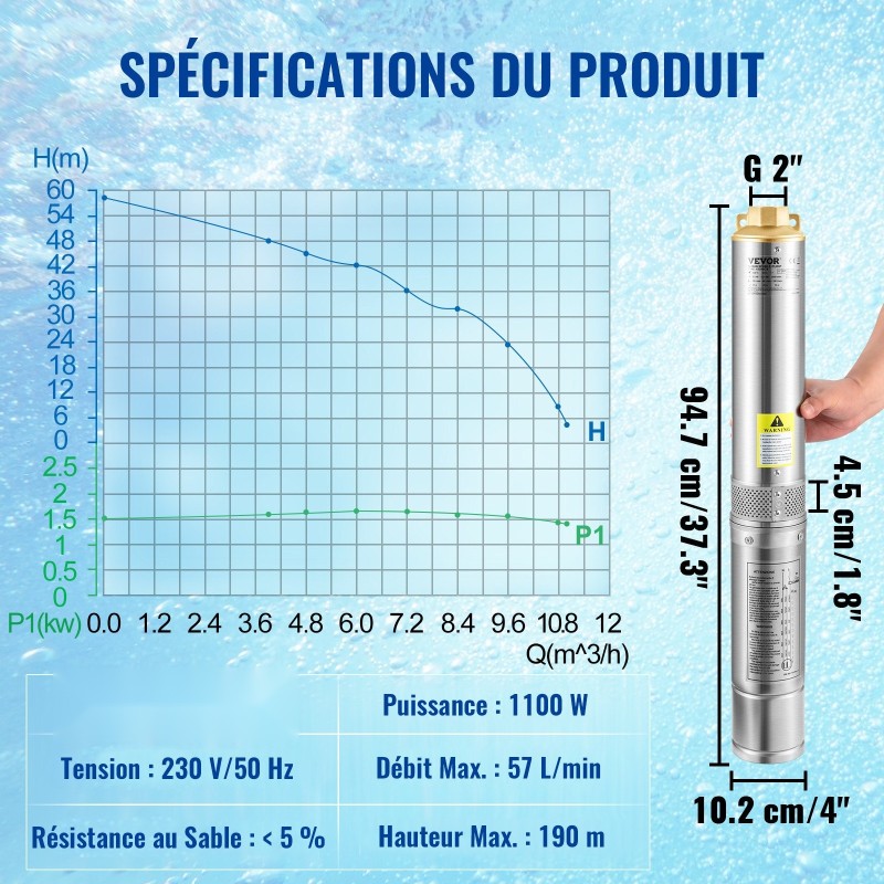 Upotettava syväkaivopumppu 1100W ruostumaton teräs 190 l/min virtaus 57 m nostokorkeus
