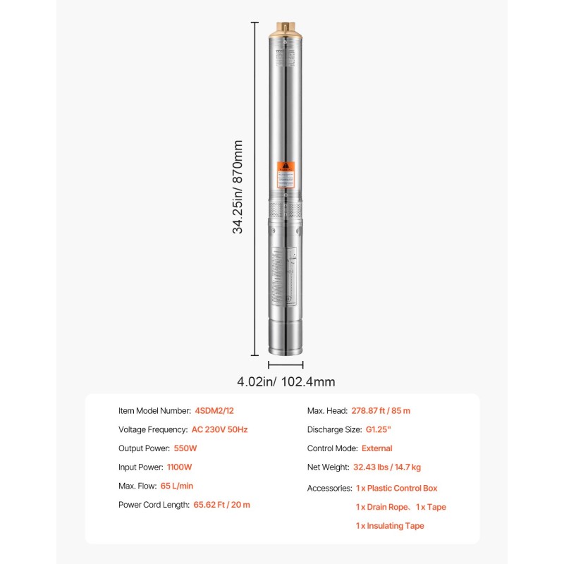 Upotettava syväkaivopumppu ruostumaton teräs 550W 230V 65 l/min 85 m
