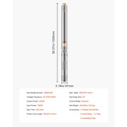 Syväkaivopumppu ruostumatonta terästä 550 wattia 64 metriä 65 l/min virtaus