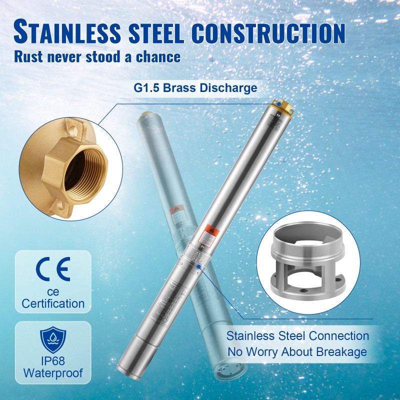 Syväkaivopumppu ruostumattomasta teräksestä 2200W 9,8 m³/h 144 m nostokorkeus 9,1 m johto