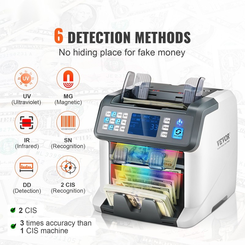 Setelilaskuri muovi monivaluutta 6 tunnistusmenetelmää 1200 seteliä minuutissa 500 setelin syöttökaukalo