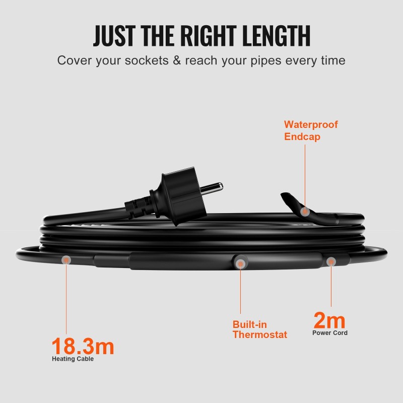 Putkien lämmityskaapeli itseään säätelevä 18,3 m 16,4 W/m termostaatilla muovi- ja metalliputkille