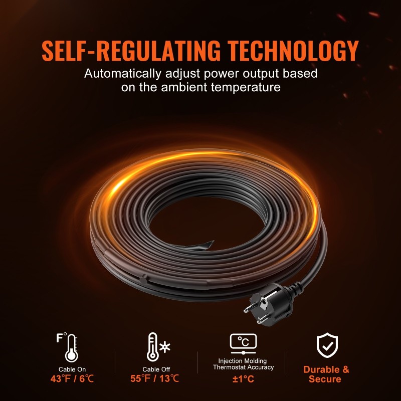 Itsesäätyvä putkien lämmityskaapeli 36,6 m 16,4 W/m sisäänrakennetulla termostaatilla