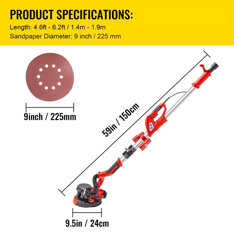 Sähköinen seinä- ja kattahiomakone 850 W säädettävä nopeus 800–1750 teleskooppivarrella pölynpoistolla