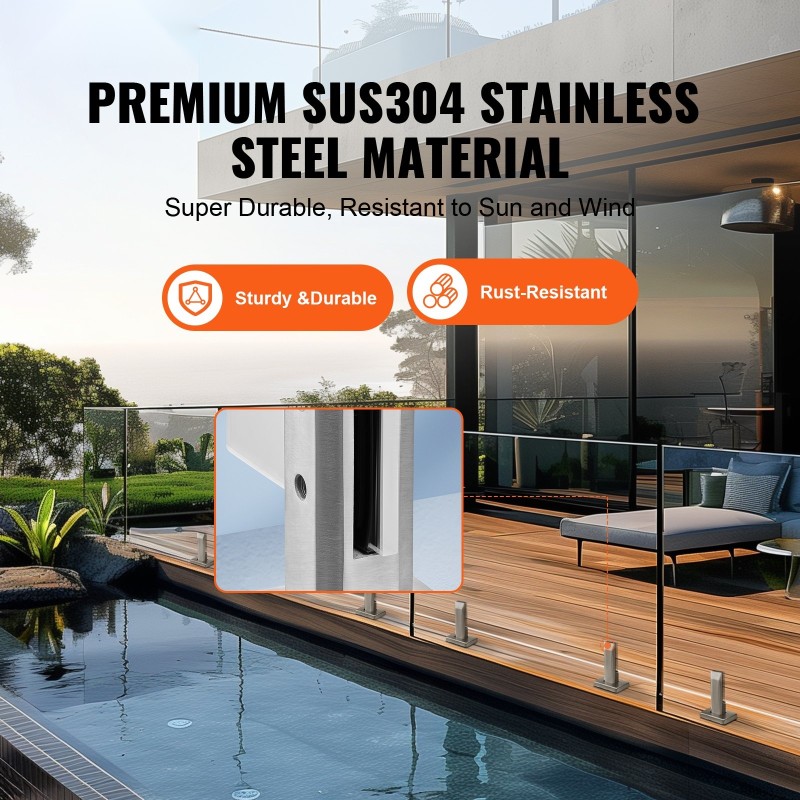 Neliömäinen lasikiinnikesarja ruostumatonta terästä 8–12 mm karkaistulle lasille 10 kpl parvekkeisiin