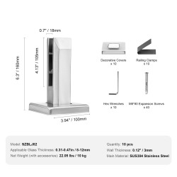 Neliömäinen lasikiinnikesarja ruostumatonta terästä 8–12 mm karkaistulle lasille 10 kpl parvekkeisiin