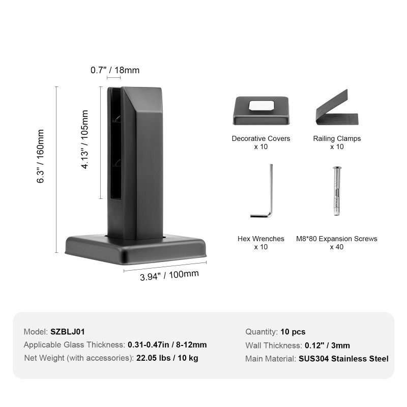 Lasikiinnikesarja neliömallinen ruostumatonta terästä 10 kpl 8–12 mm lasille