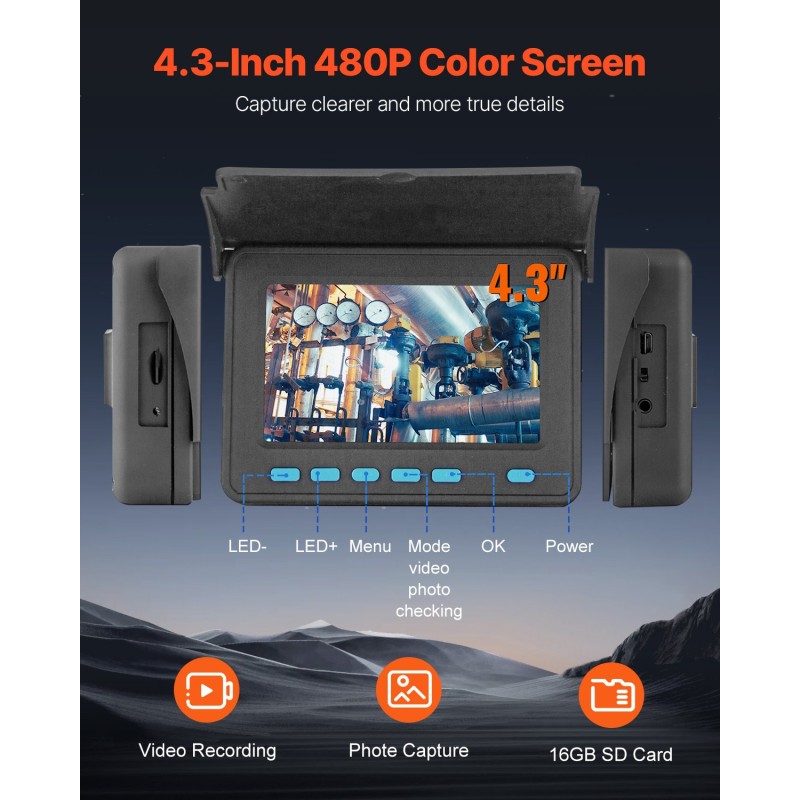 Viemärikamera 30 metrin kaapeli 4,3 tuuman värinäyttö 6 LED-valoilla vesitiivis