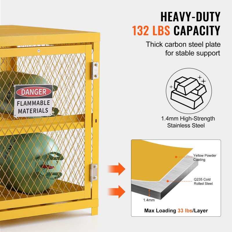 Kaasusäiliökaappi teräs kaksitasoinen 10 nestekaasusäiliölle keltainen jauhemaalaus