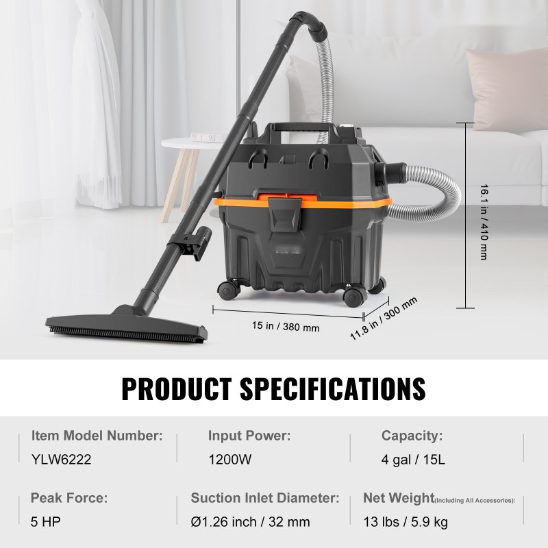 Märkä ja kuivaimuri 15 L 1200 W IP24 PP-muovinen pyörillä puhallintoiminnolla