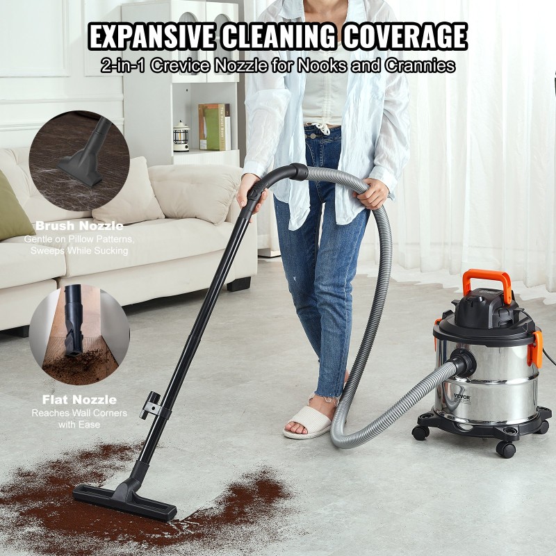 Märkä-kuivaimuri ruostumattomasta teräksestä 20 l säiliöllä pyörillä ja suulakkeilla