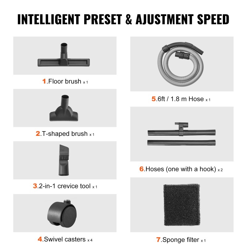 Märkä-kuivaimuri ruostumattomasta teräksestä 20 l säiliöllä pyörillä ja suulakkeilla