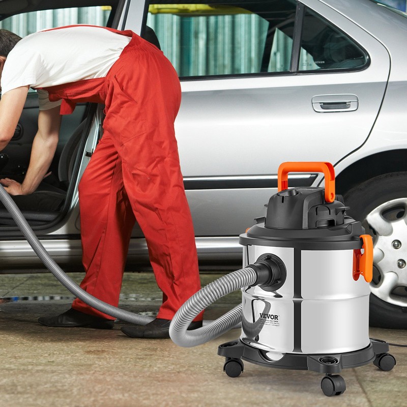 Märkä-kuivaimuri ruostumattomasta teräksestä 20 l säiliöllä pyörillä ja suulakkeilla