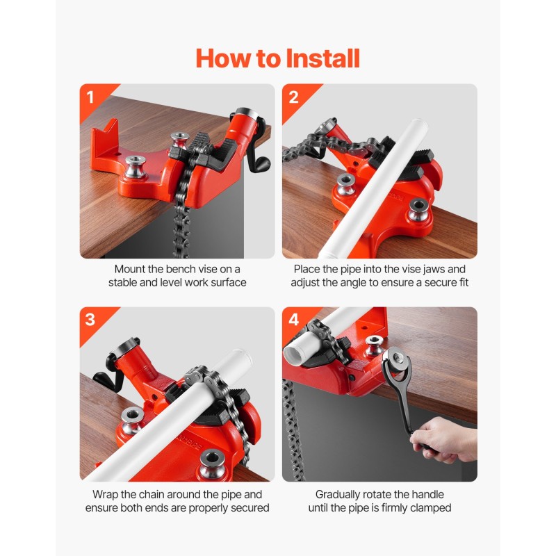 Penkkiketjuruuvipenkki valurautapohja 1/4–6 tuuman putkille 28 tuuman ketju