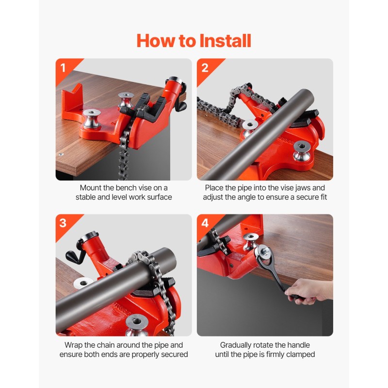 Ketjuruuvipenkki valurautapohjalla 880 mm ketjulla 1/2–8 tuuman putkille