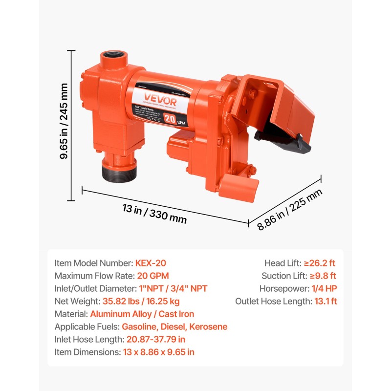 Räjähdyssuojattu polttoaineensiirtopumppu 12 V 76 l/min alumiiniseos 4 m poistoletku manuaalinen suutin
