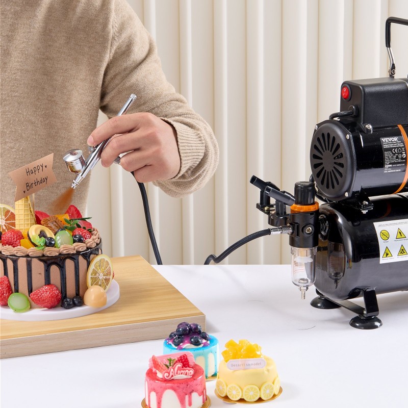 Airbrush setti kompressorilla 3,5 l ilmasäiliö 0,3 mm suutin elintarvikekoristeluun