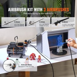 Airbrush-setti 3 airbrushia suutinkoot 0,2 0,3 0,8 mm kaksituulettiminen kompressori kakkukoristeluun