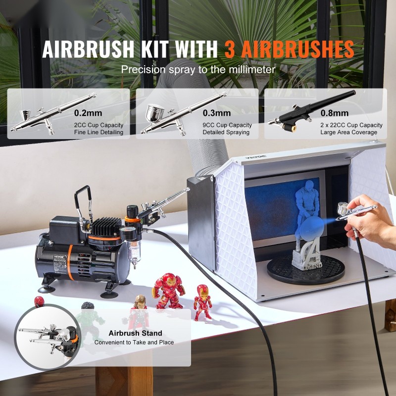 Airbrush-setti 3 airbrushia suutinkoot 0,2 0,3 0,8 mm kaksituulettiminen kompressori kakkukoristeluun