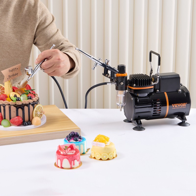 Airbrush-setti 3 airbrushia suutinkoot 0,2 0,3 0,8 mm kaksituulettiminen kompressori kakkukoristeluun