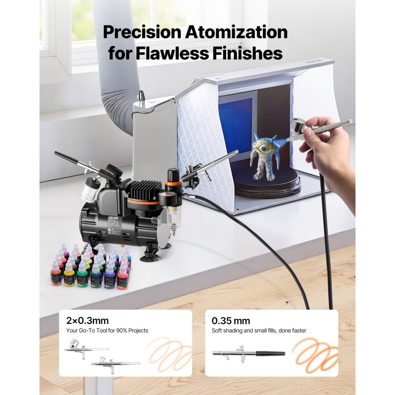 Kynäruiskusetti kompressorilla hiljaisella käyntiäänellä kolmella kaksitoimisella ruiskulla akryyliväreillä