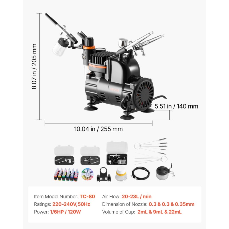 Kynäruiskusetti kompressorilla hiljaisella käyntiäänellä kolmella kaksitoimisella ruiskulla akryyliväreillä