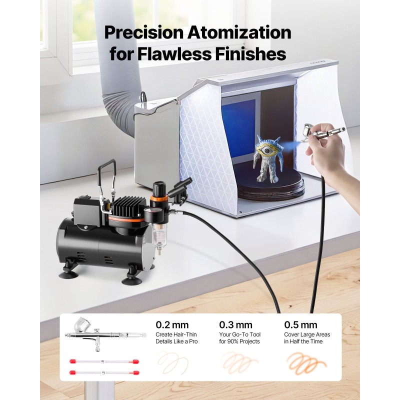 Airbrush-setti hiljainen kompressori kaksoistoiminen pistooli 3 suutinta 0.2 0.3 0.5 mm