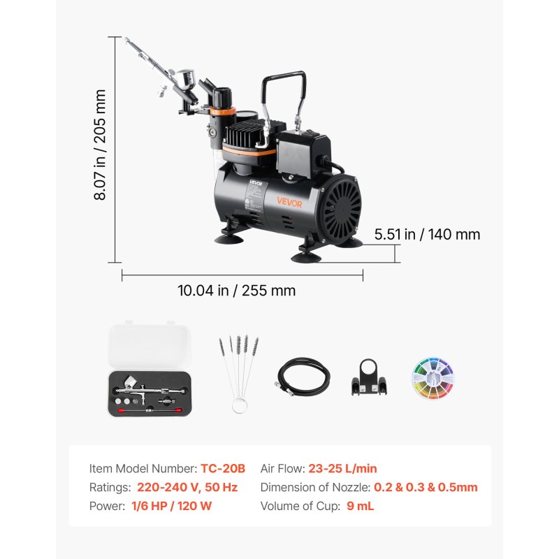 Airbrush-setti hiljainen kompressori kaksoistoiminen pistooli 3 suutinta 0.2 0.3 0.5 mm