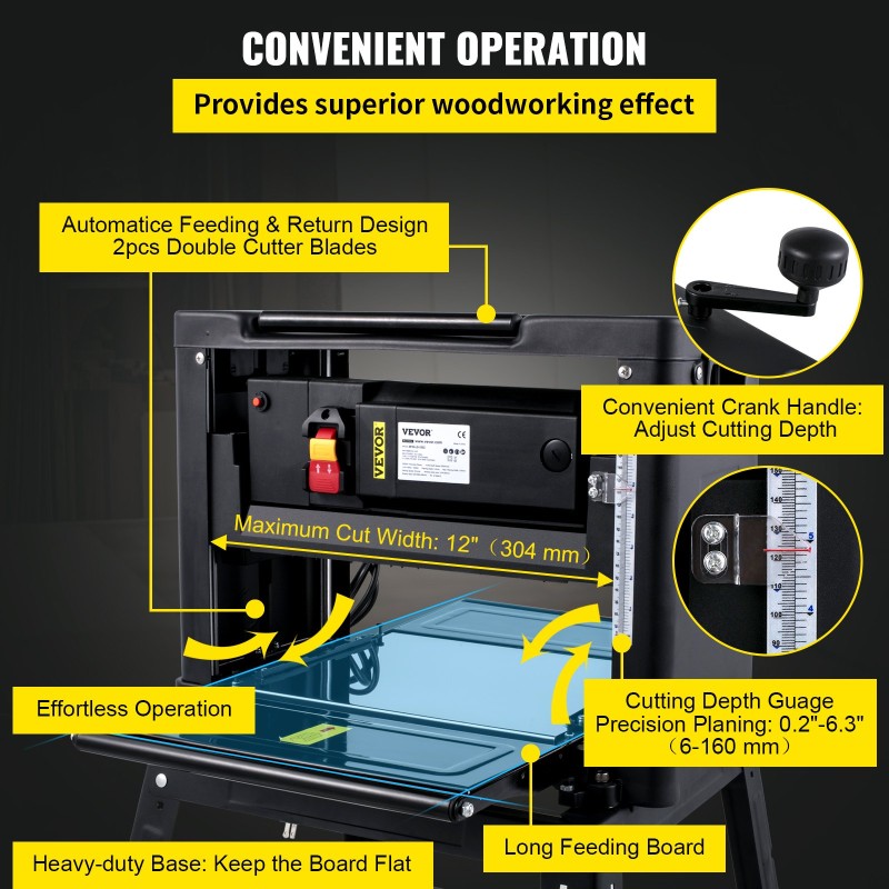 Paksuushöylä 304 millimetriä työleveys 2000 watin teho höyläyspaksuus 6–160 millimetriä jalustalla