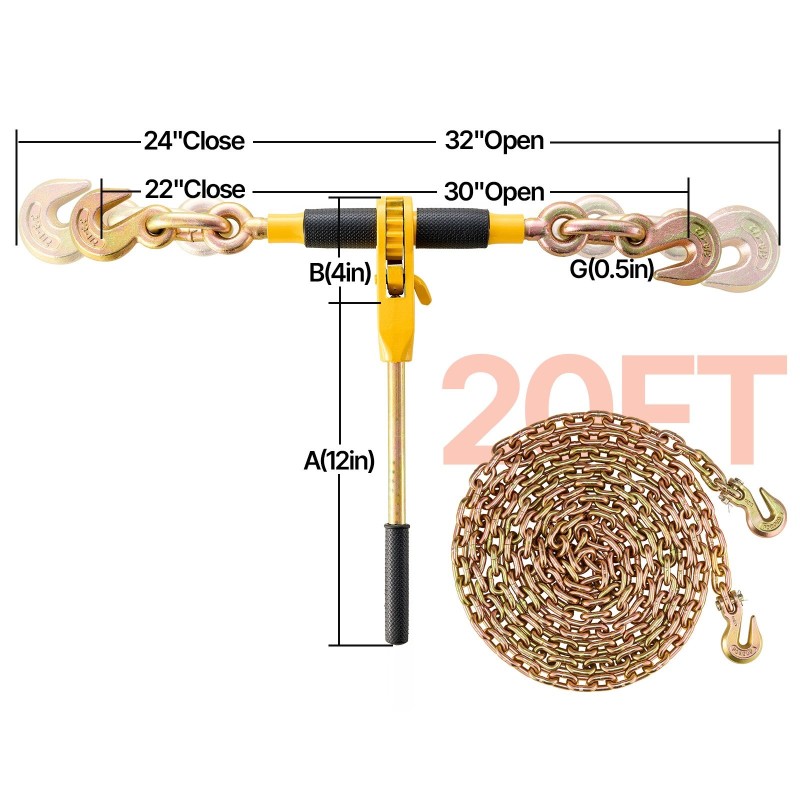 Räikkäkiristin valuteräs G80 ketjuille 0,8–0,9 cm irrotettavalla kahvalla 3220 kg